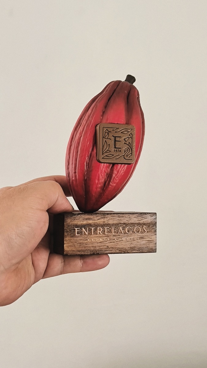 Galardón Entrelagos con forma de cacao, pintado a mano sobre base de madera grabada